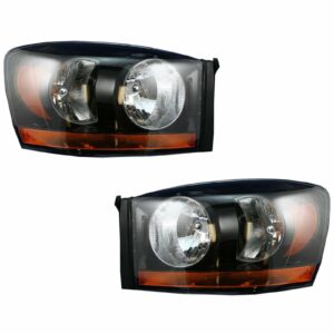 Headlight Headlamp w/ Black Bezel LH & RH Pair Set for 06-08 Dodge Ram Truck