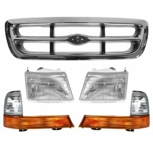Chrome Grille Parking Light Headlight Set for 98-00 Ford Ranger Pickup Truck