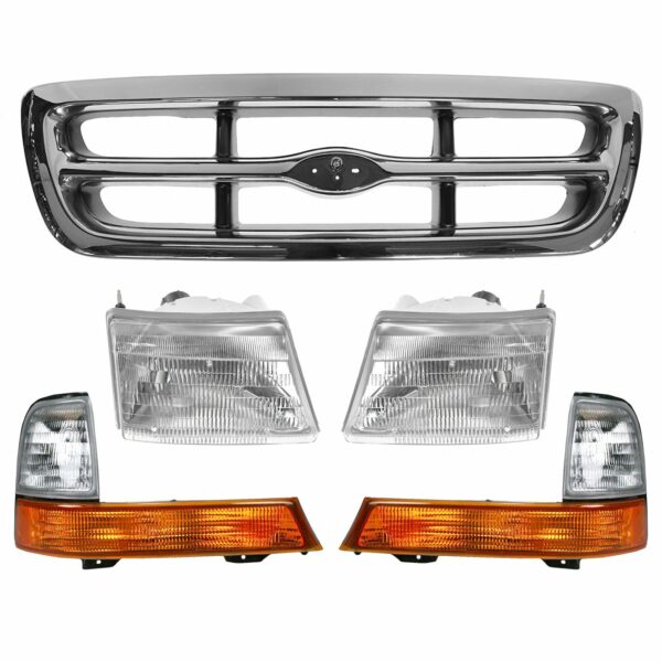 Chrome Grille Parking Light Headlight Set for 98-00 Ford Ranger Pickup Truck