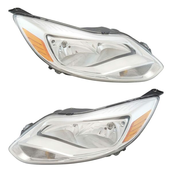 Halogen Headlight Lamp Assembly Pair LH RH Kit Chrome Trim for 12-14 Focus New