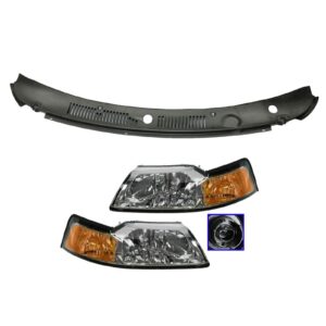 Chrome Bezel Headlight Pair w/ 1 Piece Wiper Cowl Grille for 99-04 Ford Mustang