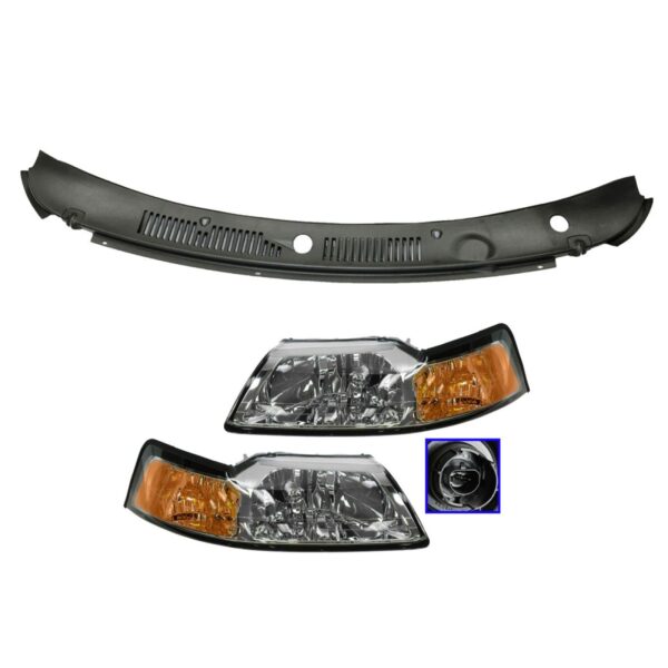 Chrome Bezel Headlight Pair w/ 1 Piece Wiper Cowl Grille for 99-04 Ford Mustang