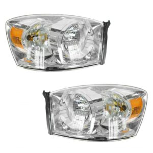 Headlights Headlamps w/ Chrome Bezel Pair Set for 06-08 Dodge Ram Pickup Truck