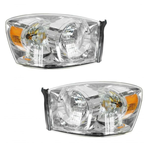 Headlights Headlamps w/ Chrome Bezel Pair Set for 06-08 Dodge Ram Pickup Truck