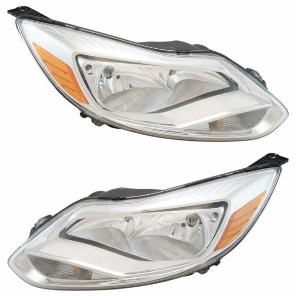 Headlight Halogen Chrome Trim Pair Set Compatible with 2012-2014 Ford Focus