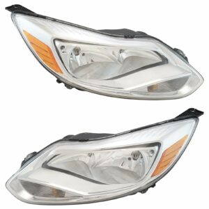 Headlight Halogen Chrome Trim Pair Set Compatible with 2012-2014 Ford Focus