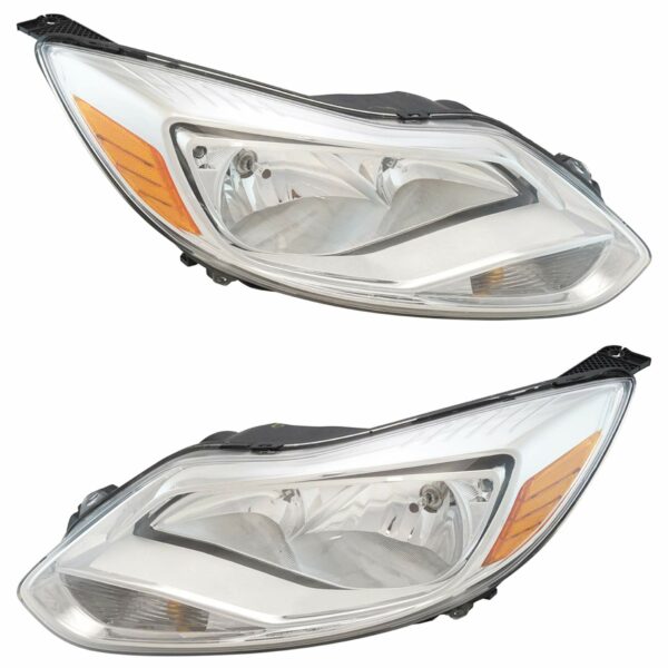 Headlight Halogen Chrome Trim Pair Set Compatible with 2012-2014 Ford Focus