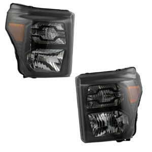 Halogen Headlight Lamp Assembly Black Housing LH RH Pair Compatible with 2011-2016 Ford F250 Super Duty / 2011-2016 Ford F350 Super Duty