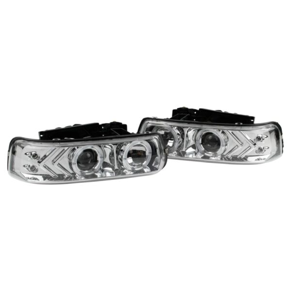 Projector Style Headlight lamp Pair Set of 2 Chrome Housing Clear Lens for Chevrolet Tahoe Suburban Silverado