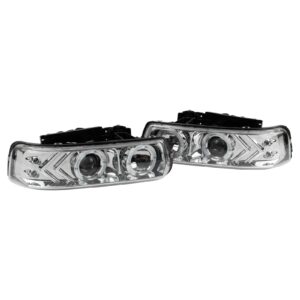 Projector Style Headlight lamp Pair Set of 2 Chrome Housing Clear Lens for Chevrolet Tahoe Suburban Silverado