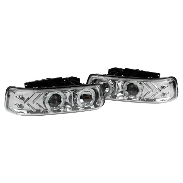 Projector Style Headlight lamp Pair Set of 2 Chrome Housing Clear Lens for Chevrolet Tahoe Suburban Silverado