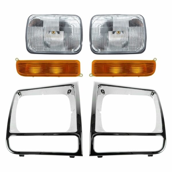 6 Piece Lighting Kit Dual Beam Headlights with Chrome Bezels & Parking Lights for Jeep Cherokee
