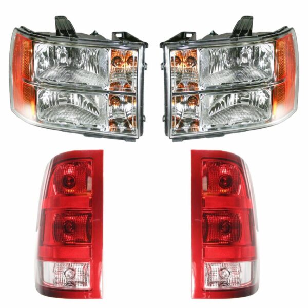 Headlight Tail Light Lamp Kit Set of 4 Compatible with 07-14 GMC Sierra Pickup Truck