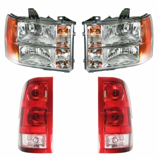 Headlight Tail Light Lamp Kit Set of 4 Compatible with 07-14 GMC Sierra Pickup Truck