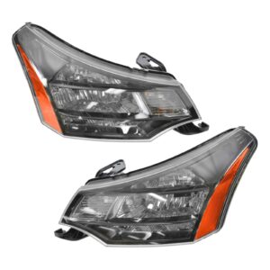 Headlights Headlamps Left & Right Pair Set for 09-11 Focus w/ Black Chrome Trim