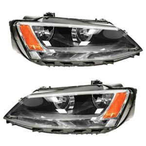 Headlights Headlamps Halogen Assembly Left & Right Pair Set for 11-15 VW Jetta