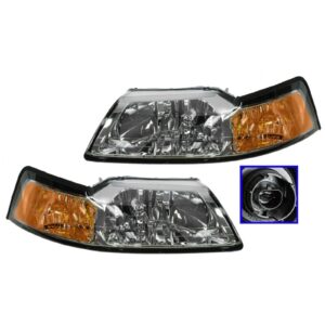 Headlights Headlamps w/ Chrome Bezel Left & Right Pair Set for 99-04 Mustang