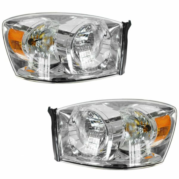 Headlights Headlamps w/ Chrome Bezel Pair Set for 06-08 Dodge Ram Pickup Truck