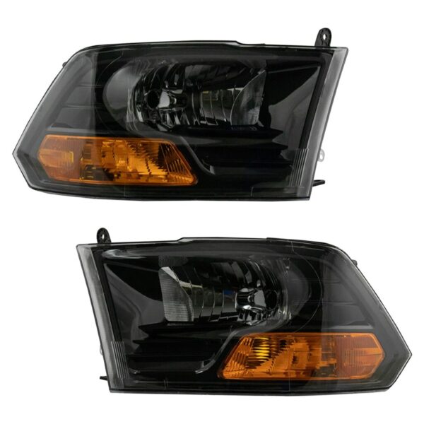Headlight Lamp Halogen Black LH RH Pair Set Compatible with 09-12 Dodge Ram Pickup Truck