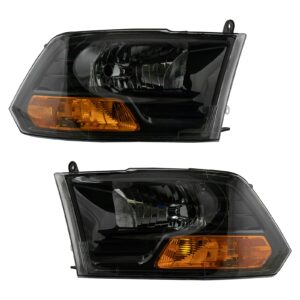 Headlight Lamp Halogen Black LH RH Pair Set Compatible with 09-12 Dodge Ram Pickup Truck