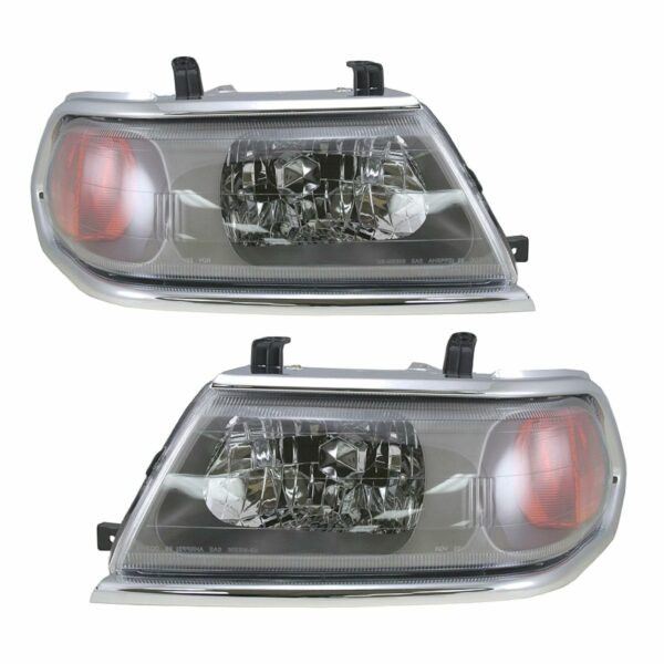 Headlights Headlamps w/ Chrome Trim LH & RH Pair Set for 00-04 Montero Sport