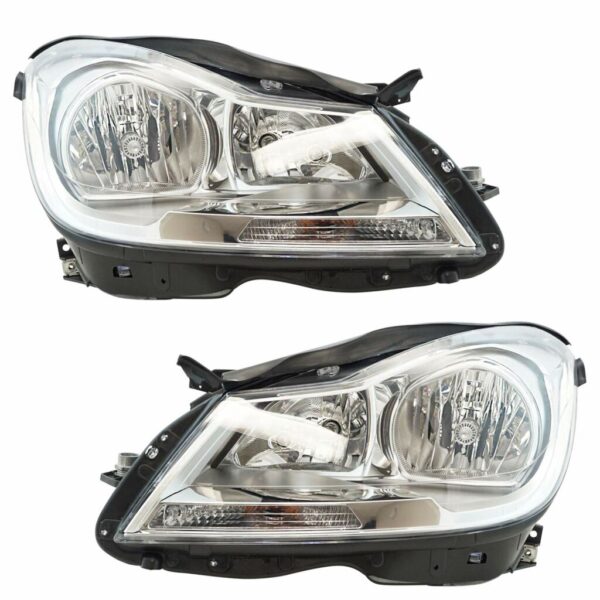 Halogen Headlight Headlamp Chrome Bezel LH RH Kit Pair Set Compatible with Mercedes C-Class