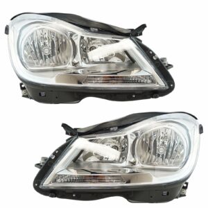 Halogen Headlight Headlamp Chrome Bezel LH RH Kit Pair Set Compatible with Mercedes C-Class