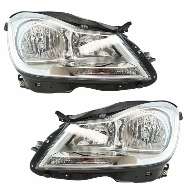 Halogen Headlight Headlamp Chrome Bezel LH RH Kit Pair Set Compatible with Mercedes C-Class