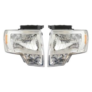 Headlight Lamp Halogen Chrome LH RH Pair Set Compatible with 09-14 Ford F150 Pickup Truck