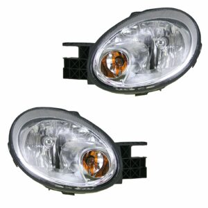 Headlights Headlamps w/ Chrome Bezel Left & Right Pair Set for 03-05 Dodge Neon