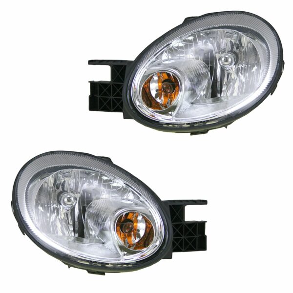 Headlights Headlamps w/ Chrome Bezel Left & Right Pair Set for 03-05 Dodge Neon