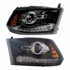 Black Bezel Projector Headlight Lamp Assembly Pair LH & RH Sides Compatible with 2013-2017 Ram 1500 2500 3500 Pickup Truck