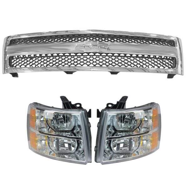 Chrome Grill & Headlight Lamp Kit LH RH Set of 3 for Chevy Silverado 1500
