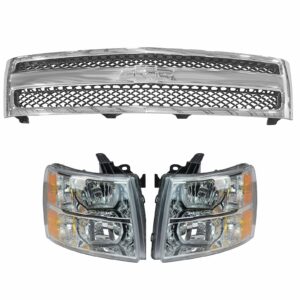 Chrome Grill & Headlight Lamp Kit LH RH Set of 3 for Chevy Silverado 1500