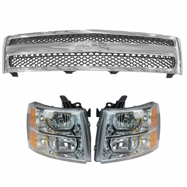 Chrome Grill & Headlight Lamp Kit LH RH Set of 3 for Chevy Silverado 1500