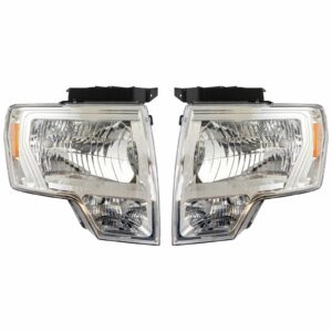 Headlight Lamp Halogen Chrome LH RH Pair Set Compatible with 09-14 Ford F150 Pickup Truck