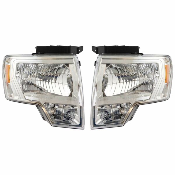 Headlight Lamp Halogen Chrome LH RH Pair Set Compatible with 09-14 Ford F150 Pickup Truck