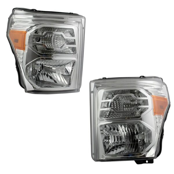 Halogen Headlight Lamp Assembly Chrome Housing LH RH Pair Compatible with 2011-2016 Ford F250 Super Duty / 2011-2016 Ford F350 Super Duty