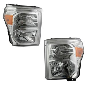Halogen Headlight Lamp Assembly Chrome Housing LH RH Pair Compatible with 2011-2016 Ford F250 Super Duty / 2011-2016 Ford F350 Super Duty