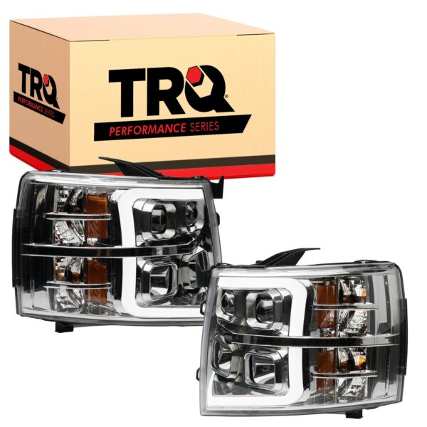 TRQ Performance Projector Headlight Set Chrome LED Bar for Chevrolet 07-14 Silverado 1500