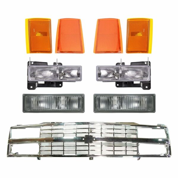 Headlight Parking Light Lamp Chrome Grill Front Kit 9 Piece for Chevy Truck SUV