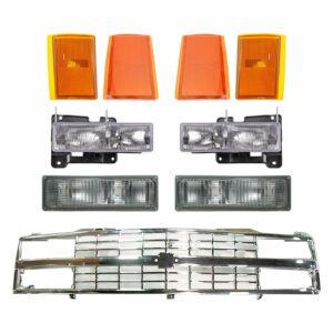 Headlight Parking Light Lamp Chrome Grill Front Kit 9 Piece for Chevy Truck SUV