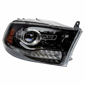 Headlight Halogen Projection Style Black Bezel & Chrome Trim RH Right Passenger Side Compatible with 2013-2017 Ram 1500, 2500 & 3500 Truck
