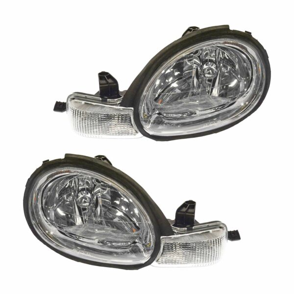 Headlights Headlamps w/ Chrome Bezel Left & Right Pair Set for 00-02 Dodge Neon