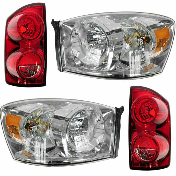 Headlight & Tail Light Lamp Kit Set of 4 for 07-09 Dodge Ram Pickup Truck