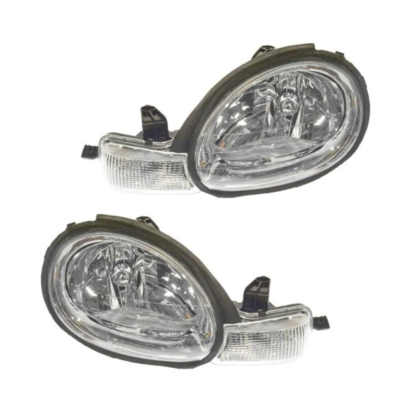 Headlights Headlamps w/ Chrome Bezel Left & Right Pair Set for 00-02 Dodge Neon