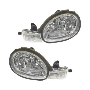 Headlights Headlamps w/ Chrome Bezel Left & Right Pair Set for 00-02 Dodge Neon