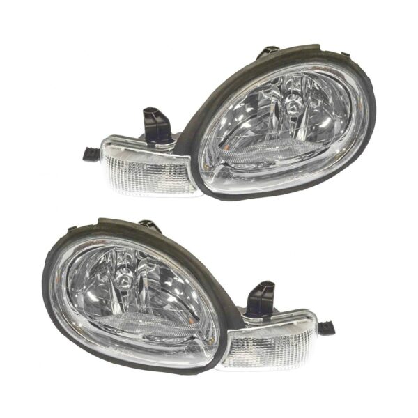 Headlights Headlamps w/ Chrome Bezel Left & Right Pair Set for 00-02 Dodge Neon
