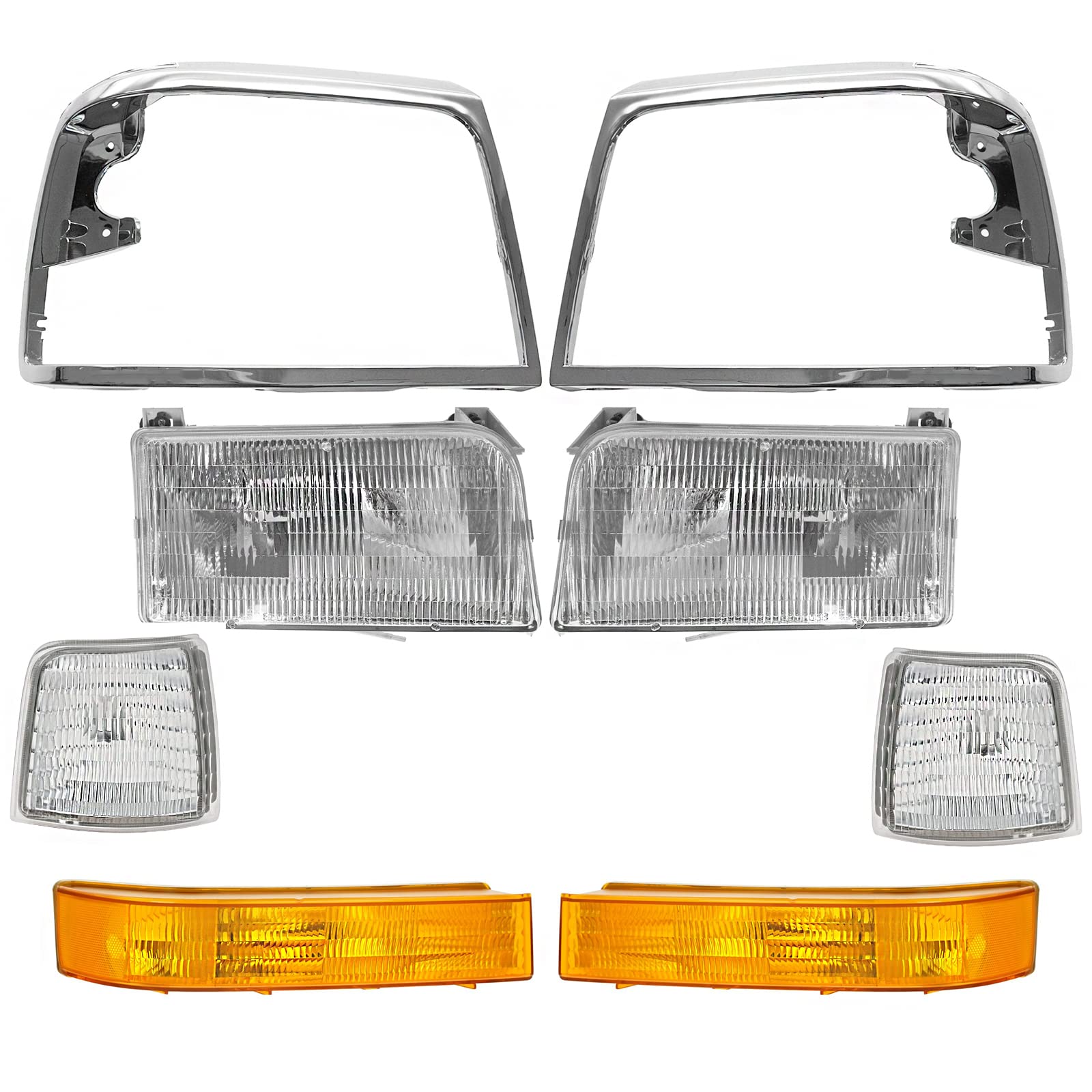 Headlight Side Marker Parking Light Lamp Chrome Bezel 8 Piece Kit Compatible with Ford Truck