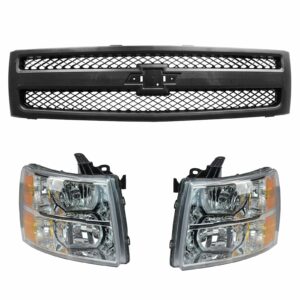Black Grill & Headlight Lamp Kit LH RH Set of 3 for Chevy Silverado 1500